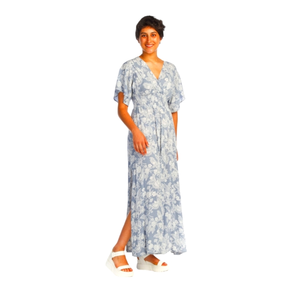 Papillon Floral Maxi Dress with Splites and Bell  Sleeves - Blue